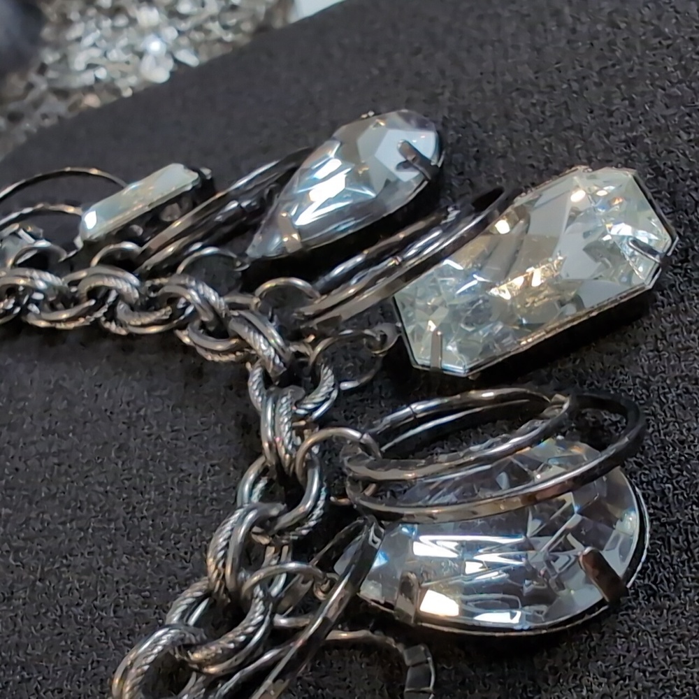 Hammered Gunmetal Statement Fashion Necklace Crystal Charms Chunky Chain Jewelry - Picture 5 of 11